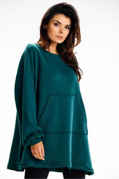Bluza damska oversize długa z kieszenią kangurka zielona. Zielone bluzy Infinite You, l, bez wzorów, z bawełny, bez kaptura, trekkingowe. Za 269.00 zł.
