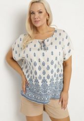 Biało-Niebieska Bluzka w Boho Wzór z Wiązaniem przy Dekolcie Jenalia. Niebieskie bluzki Born2be, xl, bez wzorów, z jeansu, boho, bez kołnierzyka, bez ramiączek. Za 69.99 zł.