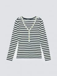 Bluzka damska z dekolotem v-neck w paski granatowa Mella 403. Niebieskie bluzki BIG STAR, l, bez wzorów, z bawełny, klasyczne, bez kołnierzyka, bez ramiączek. W wyprzedaży za 89.99 zł.