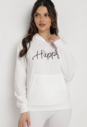 Biała Bluza z Kapturem Napisem i Kangurkową Kieszenią Adrippa. Białe bluzy Born2be, l, bez wzorów, casualowe, bez ramiączek, z kapturem. W wyprzedaży za 72.24 zł.