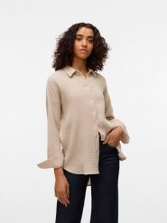 Vero Moda Koszula w kolorze beżowym rozmiar: XS. Brązowe koszule Vero Moda, xs, bez wzorów, z bawełny, bez kołnierzyka, bez ramiączek. Za 79.21 zł.