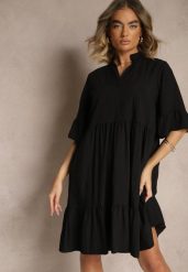 Czarna Rozkloszowana Sukienka z Wiskozą i Falbanami Eviranna. Czarne sukienki Renee, na co dzień, bez wzorów, z wiskozy, eleganckie, bez kołnierzyka, bez ramiączek, midi, rozkloszowane. W wyprzedaży za 67.99 zł.