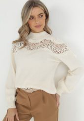Jasnobeżowy Sweter Dzianinowy z Koronką Amaleth. Brązowe swetry Born2be, z aplikacjami, z dzianiny, bez ramiączek. W wyprzedaży za 144.49 zł.