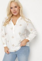 Biała Koszula z Wiskozą Zdobiona Haftem z Metaliczną Nicią Parlivia. Białe koszule Born2be, plus size, z aplikacjami, z jeansu, eleganckie, bez kołnierzyka, plus size, bez ramiączek. W wyprzedaży za 76.49 zł.