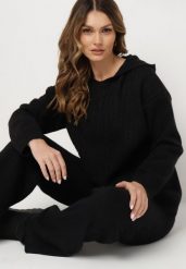 Czarny Dzianinowy Komplet z Bawełną Sweter z Kapturem Szerokie Spodnie Sianira. Czarne swetry Born2be, bez wzorów, z bawełny, eleganckie, bez ramiączek. W wyprzedaży za 135.99 zł.
