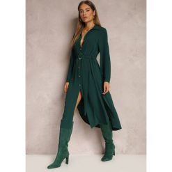 Ciemnozielona Sukienka Koszulowa z Paskiem Vartivar. Zielone sukienki Renee, na imprezę, l, bez wzorów, z materiału, eleganckie, bez kołnierzyka, bez ramiączek, midi, koszulowe. W wyprzedaży za 99.99 zł.