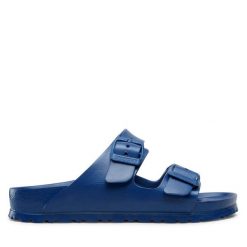 Klapki Birkenstock. Niebieskie klapki Birkenstock, bez wzorów, bez obcasa, bez zapięcia. Za 249.99 zł.