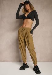 Zielone Spodnie Cargo z Bawełną High Waist Kolanielis. Zielone jeansy Renee, m, bez wzorów, z bawełny, z podwyższonym stanem. W wyprzedaży za 39.99 zł.