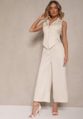 Beżowe Garniturowe Spodnie o Fasonie Culottes Adeana. Brązowe jeansy Renee, l, bez wzorów, z jeansu, eleganckie. W wyprzedaży za 80.99 zł.