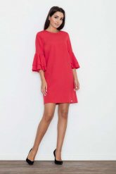 Czerwona Elegancka Sukienka z Hiszpańskim Rękawem. Czerwone sukienki Figl, l, bez wzorów, z materiału, eleganckie, bez kołnierzyka, bez ramiączek. Za 269.00 zł.