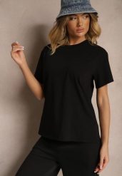 Czarny Bawełniany Basicowy T-shirt Lorseli. Czarne t-shirty Renee, bez wzorów, z bawełny, eleganckie, bez kołnierzyka, bez ramiączek. W wyprzedaży za 39.99 zł.