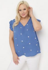 Niebieska Bluzka Top z Falbankami Przy Ramionach w Serduszkowy Wzór Salixia. Niebieskie bluzki Born2be, l, bez wzorów, z jeansu, eleganckie, bez kołnierzyka, bez ramiączek. Za 89.99 zł.