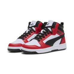 Buty damskie sportowe Puma REBOUND V6 MID JR. Białe buty treningowe Puma, bez wzorów, z gumy, bez zapięcia, do koszykówki. Za 184.00 zł.