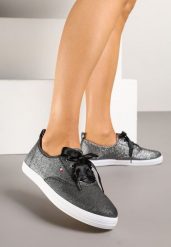 Czarne Tenisówki Brokatowe z Ozdobnymi Sznurowadłami Palmena. Czarne trampki Renee, bez wzorów, eleganckie, bez zapięcia. W wyprzedaży za 29.99 zł.