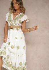 Biało-Zielona Sukienka z Wiskozy Ozdobiona Paskiem i Haftem Nilorelle. Białe sukienki Renee, na co dzień, l, bez wzorów, z wiskozy, boho, bez kołnierzyka, bez ramiączek, maxi. W wyprzedaży za 111.99 zł.