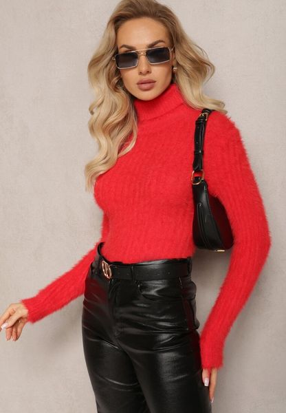 Czerwony Golf z Puchatego Materiału z Wełną i Długim Rękawem Geolla. Czerwone swetry Renee, na jesień, bez wzorów, z wełny, bez ramiączek. Za 39.99 zł.