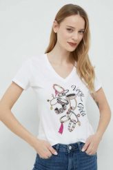 Liu Jo t-shirt bawełniany kolor biały. Białe t-shirty Liu Jo, z aplikacjami, z bawełny, bez kołnierzyka, bez ramiączek. Za 359.99 zł.