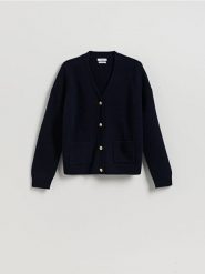 Wełniany kardigan - granatowy. Niebieskie swetry Reserved, l, bez wzorów, z dzianiny, bez ramiączek. Za 199.99 zł.
