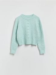 Sweter z dekoracyjnym splotem - jasnoturkusowy. Niebieskie swetry Reserved, l, bez wzorów, z dzianiny, bez ramiączek. Za 129.99 zł.
