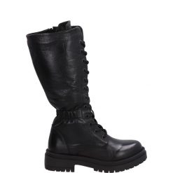 BOTKI Z WYSOKĄ CHOLEWKĄ 3879453S BLACK. Czarne botki Venezia, bez wzorów, ze skóry, przed kolano, bez obcasa, bez zapięcia. Za 389.00 zł.