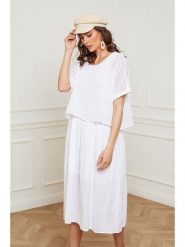 Fleur de Lin Lniana sukienka "Equanone" w kolorze białym rozmiar: M. Białe sukienki Fleur de Lin, m, bez wzorów, ze lnu, bez kołnierzyka, bez ramiączek, midi. Za 180.49 zł.