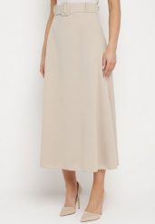 Jasnobeżowa Gładka Spódnica Maxi z Gumką w Pasie i Klamrą Orirsa. Brązowe spódnice Born2be, m, bez wzorów, eleganckie, maxi, rozkloszowane. W wyprzedaży za 55.24 zł.