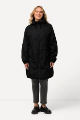 Damskie Kurtka wewnętrzny sznurek ściągający stójka dwukierunkowy zamek. Czarne kurtki Ulla Popken, plus size, bez wzorów, z materiału, z kapturem. Za 559.99 zł.