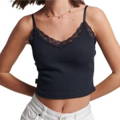 Koszulka turystyczna damska Superdry Vintage Rib Lave Top. Niebieskie topy Superdry, bez wzorów, z bawełny, vintage, bez kołnierzyka, bez ramiączek. Za 77.05 zł.