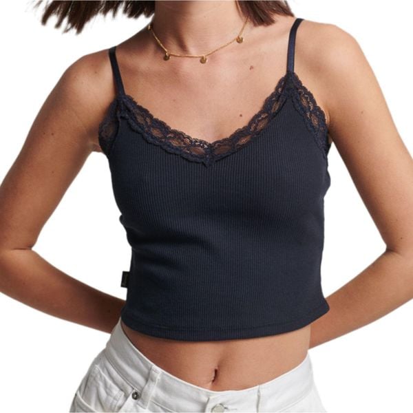 Koszulka turystyczna damska Superdry Vintage Rib Lave Top. Niebieskie topy Superdry, bez wzorów, z bawełny, vintage, bez kołnierzyka, bez ramiączek. Za 77.05 zł.