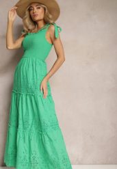 Zielona Ażurowa Sukienka Rozkloszowana Maxi z Bawełny z Wiązanymi Ramiączkami Miresta. Zielone sukienki Renee, w ażurowe wzory, z bawełny, eleganckie, bez kołnierzyka, bez ramiączek, maxi, rozkloszowane. W wyprzedaży za 104.99 zł.
