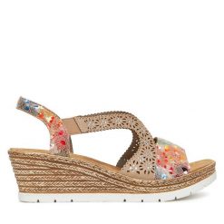Sandały Rieker. Brązowe sandały Rieker, bez wzorów, bez obcasa, na koturnie, bez zapięcia. Za 319.99 zł.
