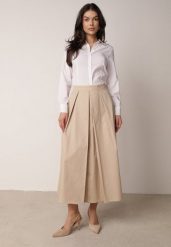 Beżowa Rozkloszowana Spódnica z Bawełny z Szerokimi Plisami Malona. Brązowe spódnice Born2be, do pracy, l, bez wzorów, z bawełny, biznesowe, midi, proste. Za 119.99 zł.