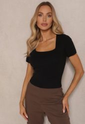 Czarna Bluzka z Modalem Wiskozą i Kwadratowym Dekoltem Sanelora. Czarne bluzki Renee, m, bez wzorów, z jeansu, eleganckie, bez kołnierzyka, bez ramiączek. W wyprzedaży za 67.99 zł.