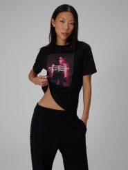 4F T-shirt relaxed z nadrukiem damski - czarny S. Czarne t-shirty sportowe 4f, l, bez wzorów, z bawełny, bez ramiączek. Za 69.99 zł.