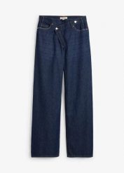 Dżinsy Wide Leg, mid waist, low stretch. Niebieskie jeansy bonprix, bez wzorów, z bawełny, długie. Za 129.99 zł.