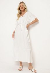 Biała Rozkloszowana Sukienka Maxi z Gumką i Sznurkiem w Talii z Wiskozy Baneta. Białe sukienki Born2be, na co dzień, l, bez wzorów, z wiskozy, bez kołnierzyka, bez ramiączek, maxi, proste. Za 89.99 zł.