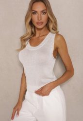 Jasnobeżowa Dzianinowa Bluzka Top z Wiskozy Zdobiona Metaliczną Nicią Alandwen. Brązowe topy Renee, m, z aplikacjami, z dzianiny, eleganckie, bez kołnierzyka, bez ramiączek. W wyprzedaży za 67.99 zł.