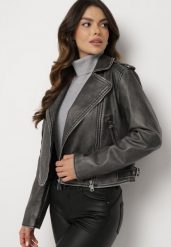 Ciemnoszara Kurtka Ramoneska Vintage w Stylu Motocyklowym z Kieszeniami Nailene. Czarne kurtki Born2be, m, bez wzorów, z materiału, vintage, bez kaptura. W wyprzedaży za 160.99 zł.
