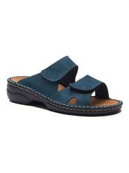 Comfortfusse Skórzane klapki w kolorze niebieskim rozmiar: 40. Niebieskie klapki Comfortfüße, bez wzorów, z nubiku, klasyczne, z otwartym noskiem, bez obcasa, bez zapięcia. Za 228.38 zł.