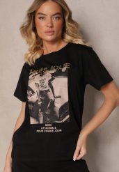 Czarny Bawełniany T-shirt z Brokatem i Nadrukiem Nalamis. Czarne t-shirty Renee, m, z aplikacjami, z bawełny, eleganckie, bez kołnierzyka, bez ramiączek. W wyprzedaży za 31.99 zł.