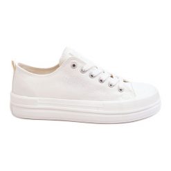 Niskie Sznurowane Tenisówki Big Star LL274968 Białe. Białe trampki bez wzorów, z materiału, retro, bez zapięcia. Za 221.62 zł.