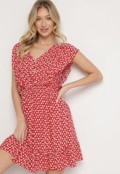 Czerwona Rozkloszowana Sukienka z Bawełny w Kwiaty z Guzikami Ronelle. Czerwone sukienki Born2be, na co dzień, l, bez wzorów, z bawełny, eleganckie, bez kołnierzyka, bez ramiączek, mini, proste. Za 49.99 zł.