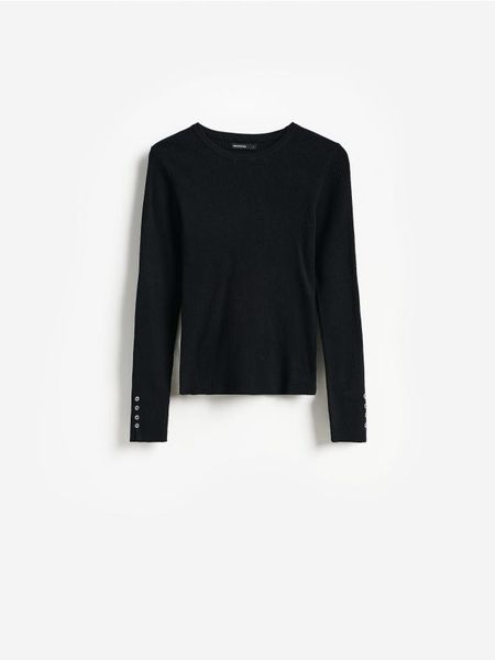 Sweter z ozdobnymi guzikami - czarny. Czarne swetry Reserved, l, bez wzorów, z bawełny, bez ramiączek. Za 89.99 zł.