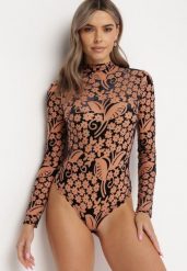 Beżowe Welurowe Body z Półgolfem w Ornamentalny Wzór Mackkes. Brązowe body i gorsety Born2be, bez wzorów, z materiału, bez ramiączek. Za 129.99 zł.