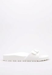Klapki damskie Birkenstock Eva Madrid. Białe klapki Birkenstock, bez wzorów, z materiału, bez obcasa, bez zapięcia. Za 275.00 zł.
