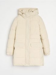 Pikowana kurtka puffer z kapturem - kremowy. Białe kurtki Sinsay, l, bez wzorów, z kapturem. Za 129.99 zł.