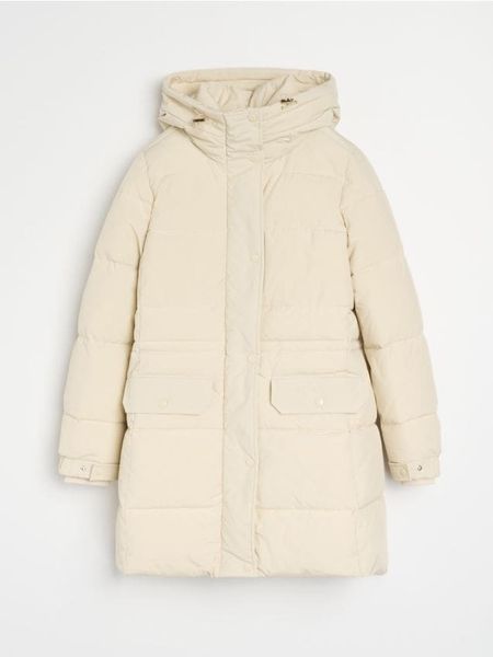 Pikowana kurtka puffer z kapturem - kremowy. Białe kurtki Sinsay, l, bez wzorów, z kapturem. Za 129.99 zł.