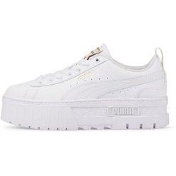 Buty sportowe Puma Mayze Lth Jr. Białe buty sportowe lifestyle Puma, bez wzorów, z materiału, sportowe, bez zapięcia. Za 322.00 zł.