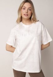 Biały Bawełniany T-shirt Oversize z Haftowanym Napisem z Cekinami Aewai. Białe t-shirty Born2be, m, bez wzorów, z bawełny, eleganckie, bez kołnierzyka, bez ramiączek. Za 59.99 zł.