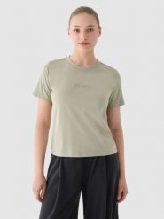 4F T-shirt regular z nadrukiem damski - oliwkowy/khaki M. Brązowe t-shirty 4f, m, bez wzorów, z bawełny, klasyczne, bez kołnierzyka, bez ramiączek. W wyprzedaży za 29.99 zł.